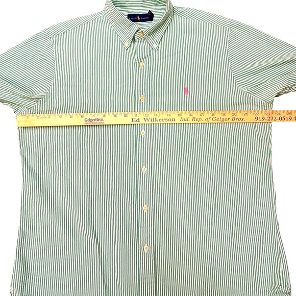 Ralph Lauren Seer Sucker Shirt Mens Size Large Green White Striped Short Sleeve - Picture 8 of 10